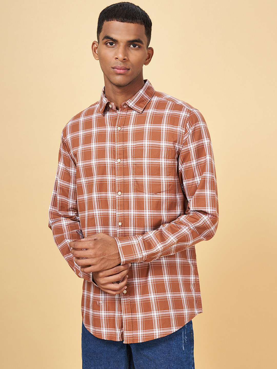 

YU by Pantaloons Men Cotton Slim Fit Checked Casual Shirt, Brown