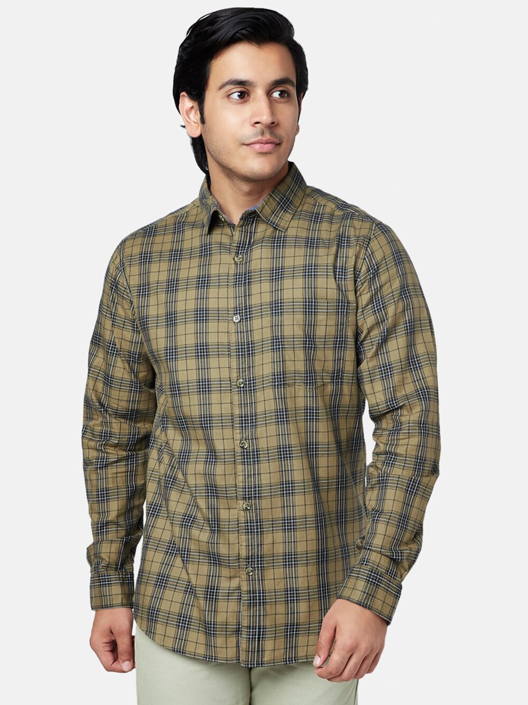 

YU by Pantaloons Men Olive Green Cotton Slim Fit Tartan Checks Checked Casual Shirt