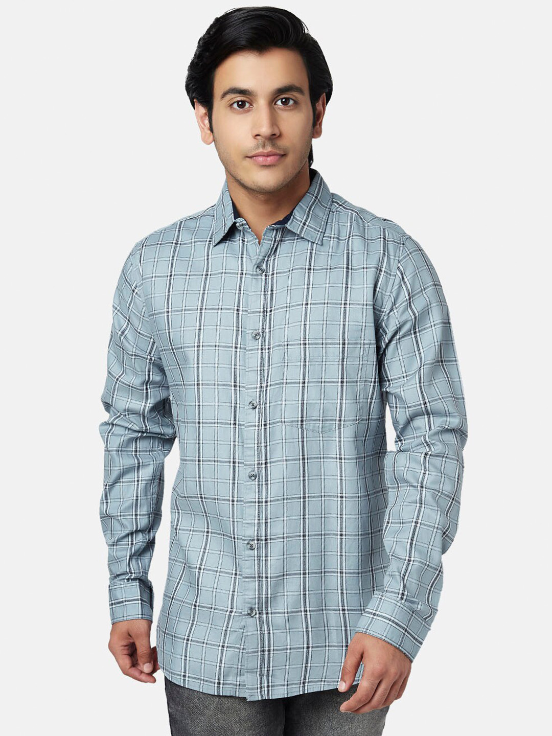 

YU by Pantaloons Men Cotton Slim Fit Checked Casual Shirt, Grey
