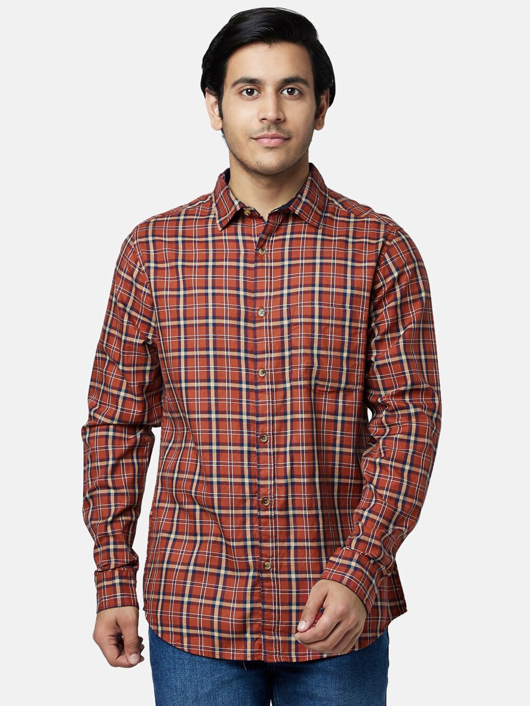 

YU by Pantaloons Men Cotton Slim Fit Checked Casual Shirt, Rust