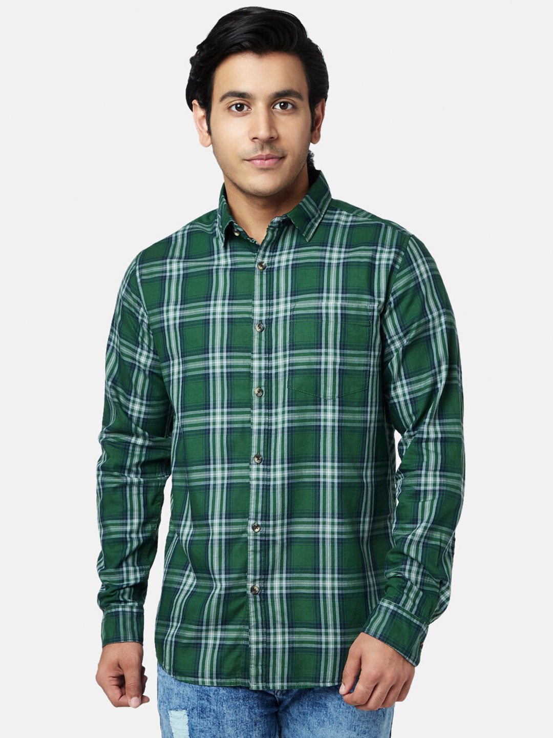 

YU by Pantaloons Men Cotton Slim Fit Tartan Checks Checked Casual Shirt, Green