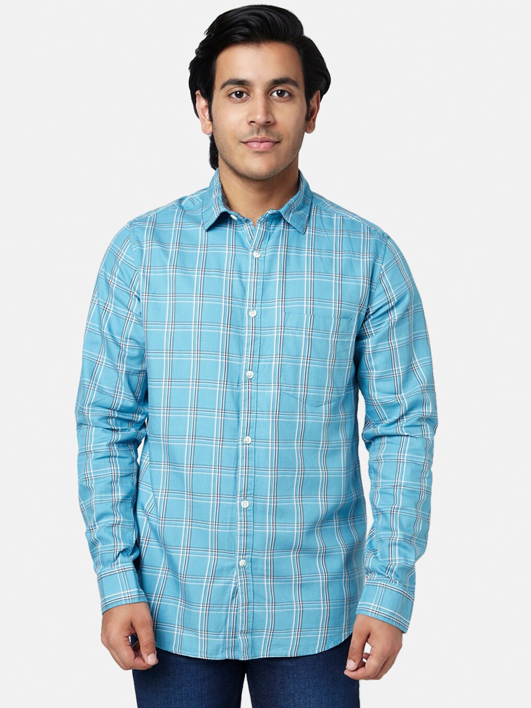 

YU by Pantaloons Men Cotton Slim Fit Checked Casual Shirt, Blue