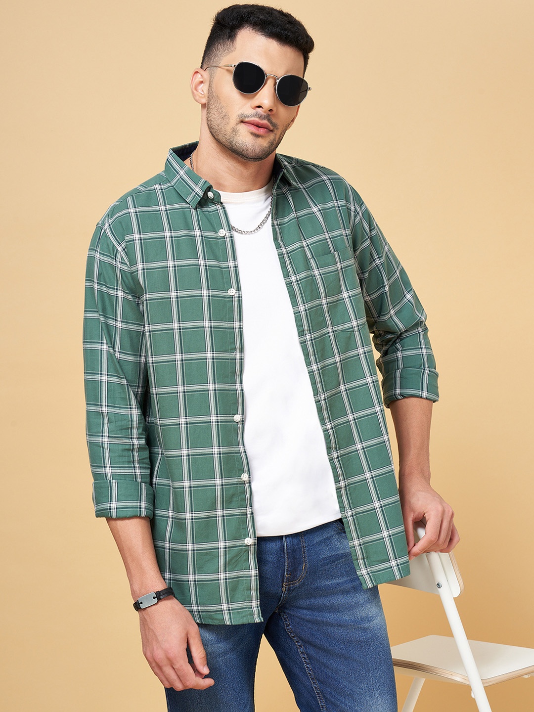 

YU by Pantaloons Men Slim Fit Windowpane Checked Casual Shirt, Green