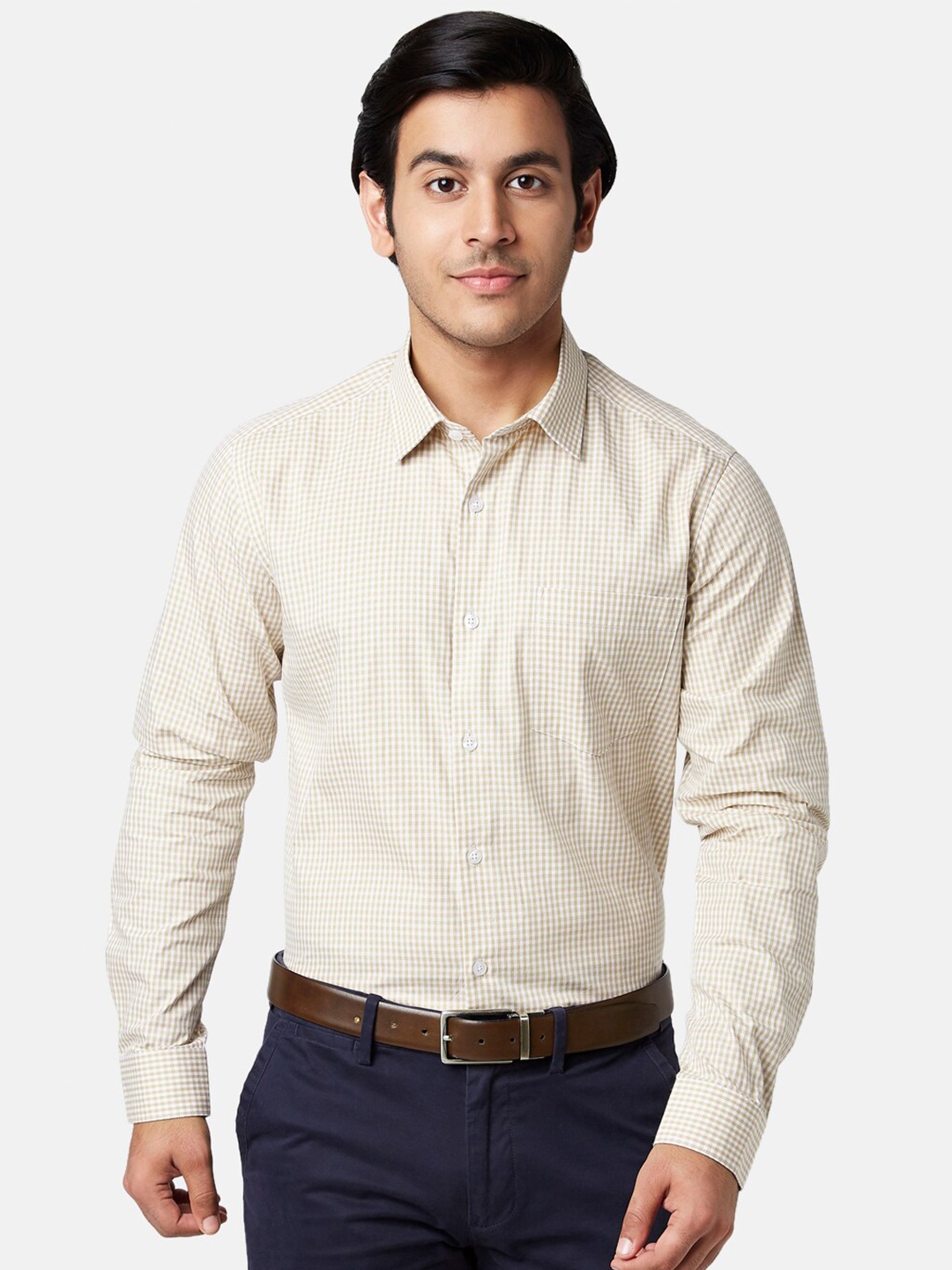 

YU by Pantaloons Men Beige Cotton Slim Fit Checked Formal Shirt