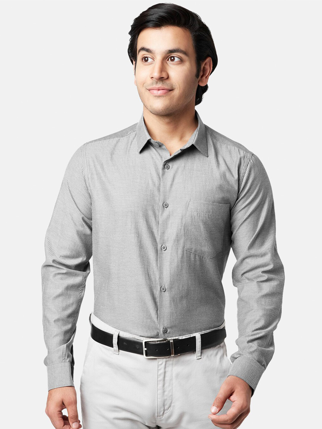 

YU by Pantaloons Men Grey Cotton Slim Fit Checked Formal Shirt