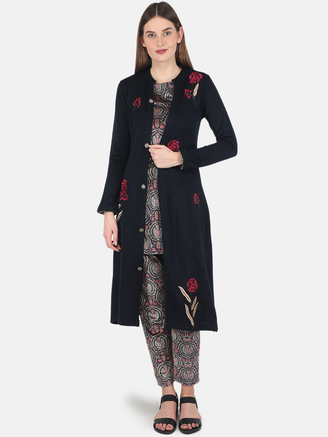 

Monte Carlo Women Navy Blue Ethnic Motifs Printed Pure Cotton Kurta with Trousers & Jacket
