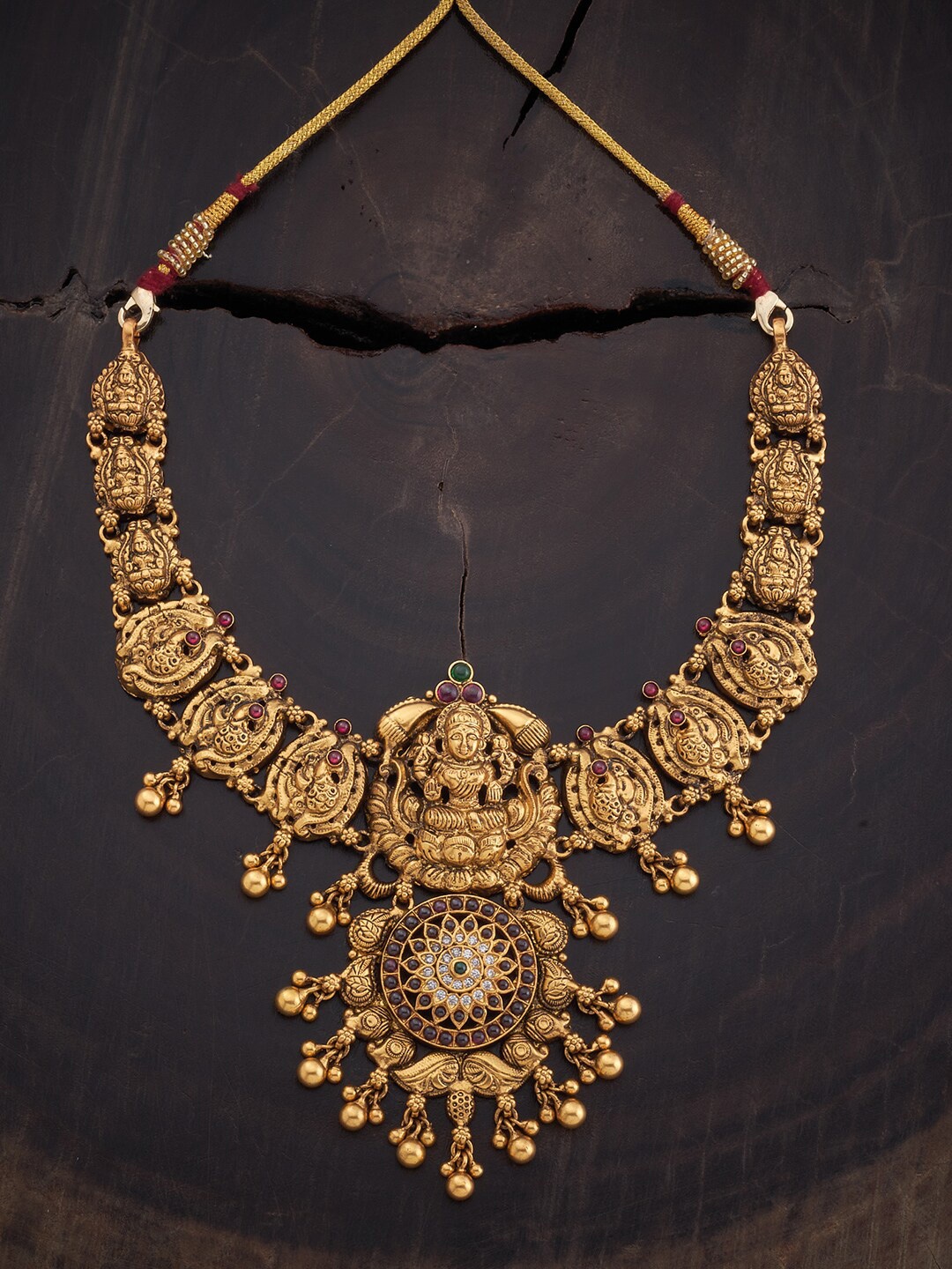 

Kushal's Fashion Jewellery Red Silver Temple Necklace