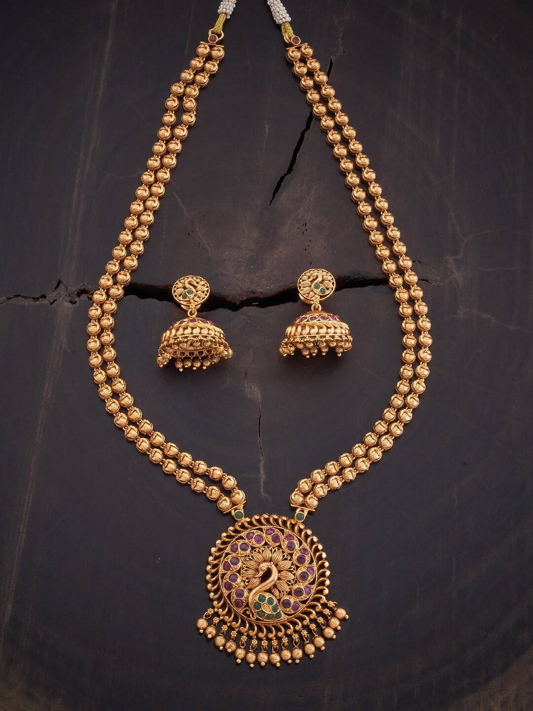 

Kushal's Fashion Jewellery Gold-Toned Pink & Green Stone Studded & Beaded Jewellery Set