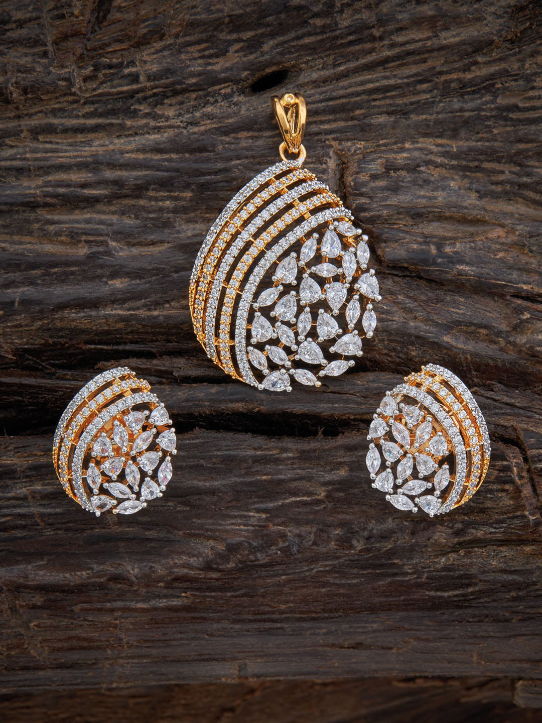 

Kushal's Fashion Jewellery Gold-Plated White CZ-Studded Pendant With Earring Set