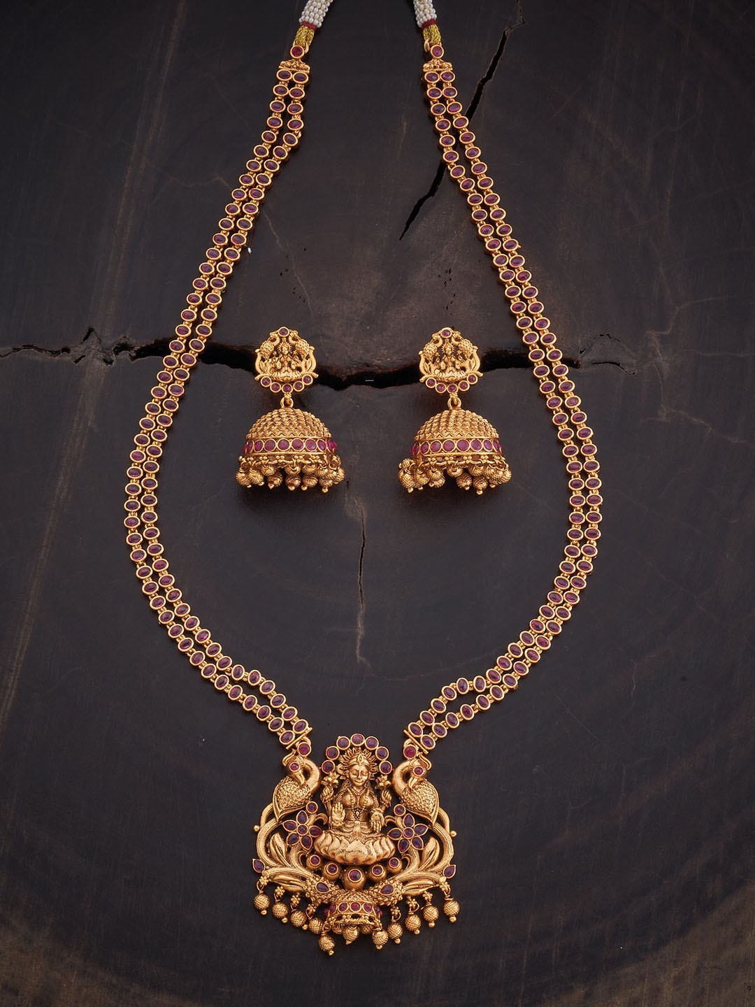 

Kushal's Fashion Jewellery Gold-Plated & Ruby-Colored Stone-Studded Antique Jewellery Set
