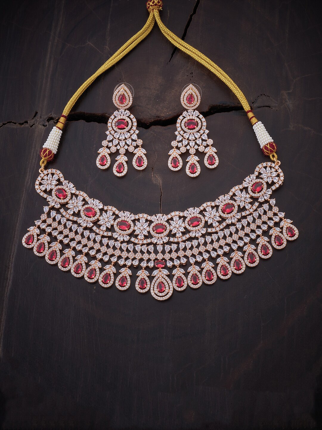 

Kushal's Fashion Jewellery Gold-Plated Pink & White CZ Studded Jewellery Set