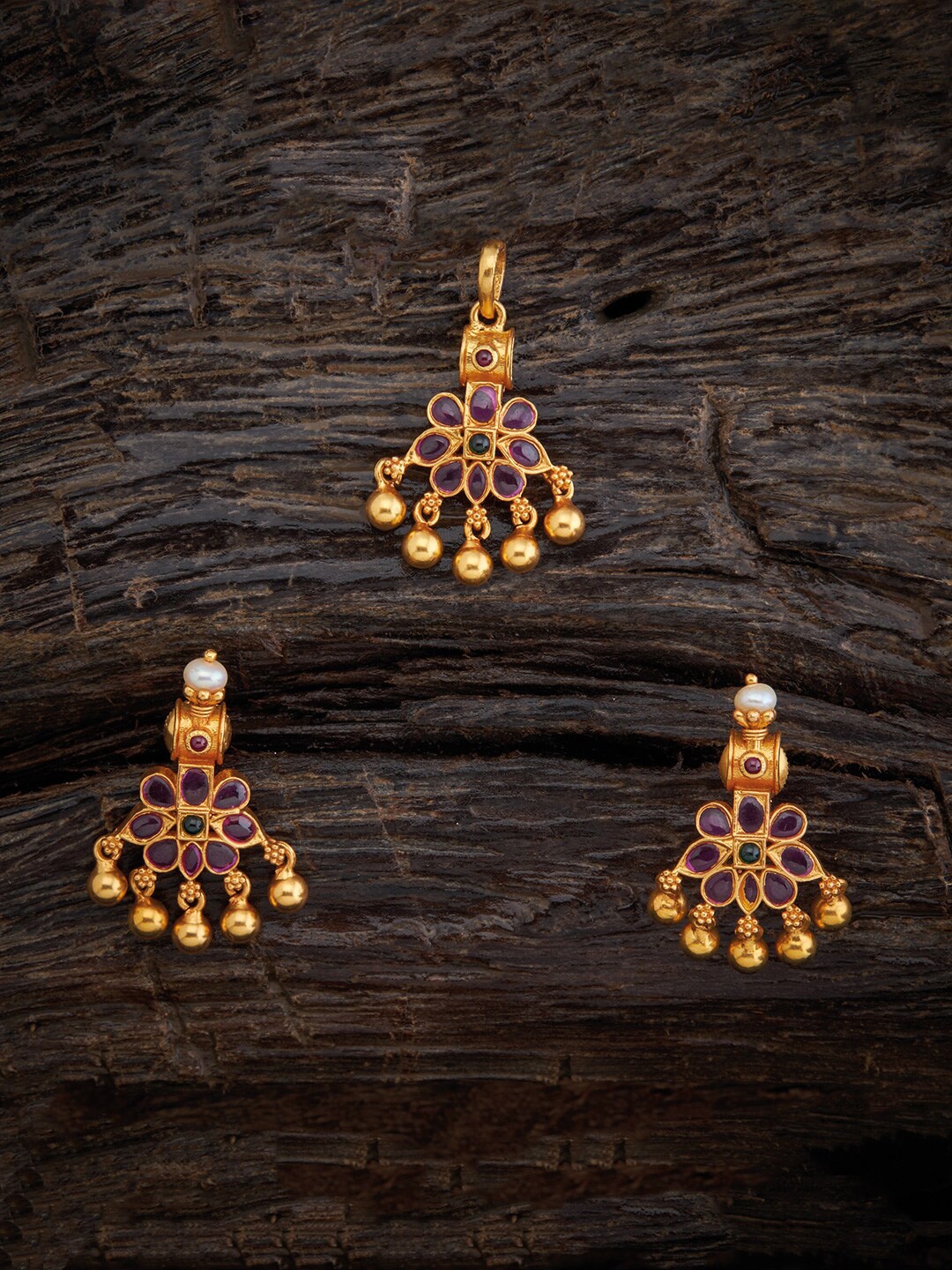 

Kushal's Fashion Jewellery Gold-Plated Silver Temple Pendant With Earrings, Red