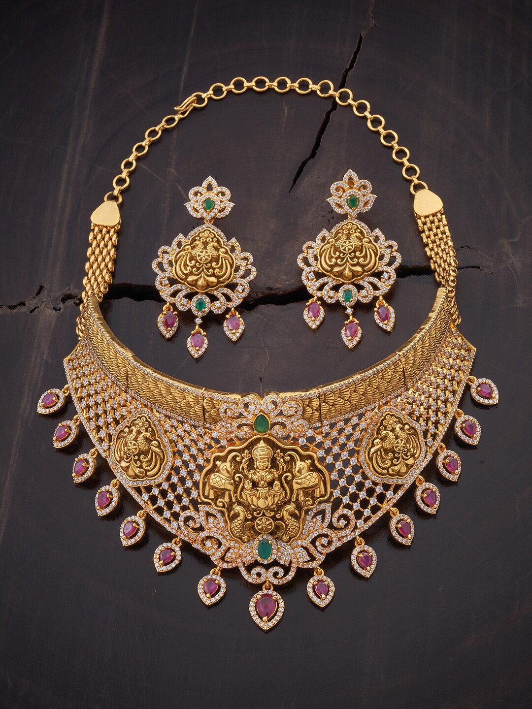 

Kushal's Fashion Jewellery Gold-Plated Red & Green Stone-Studded Jewellery Set