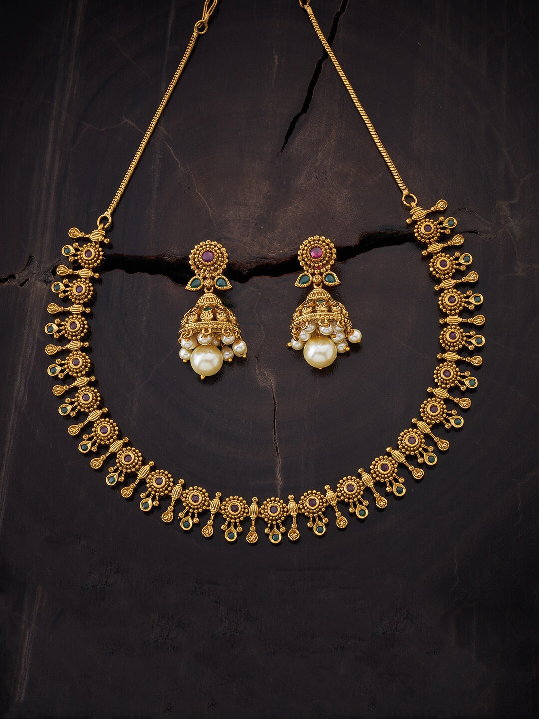 

Kushal's Fashion Jewellery Gold-Plated Red & Green Stone-Studded & Beaded Jewellery Set