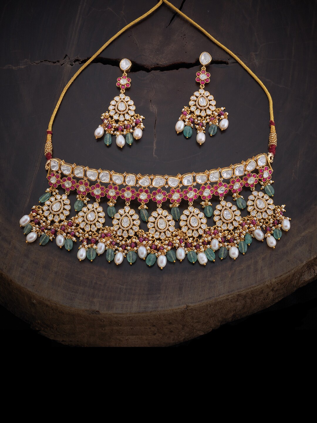 

Kushal's Fashion Jewellery Gold-Plated Pink & Green Kundan Studded & Beaded Jewellery Set