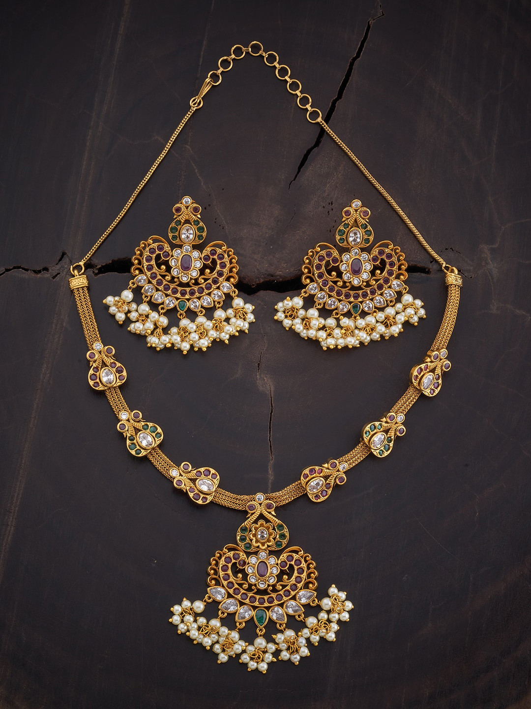 

Kushal's Fashion Jewellery Gold-Plated Red & Green Stone-Studded Jewellery Set