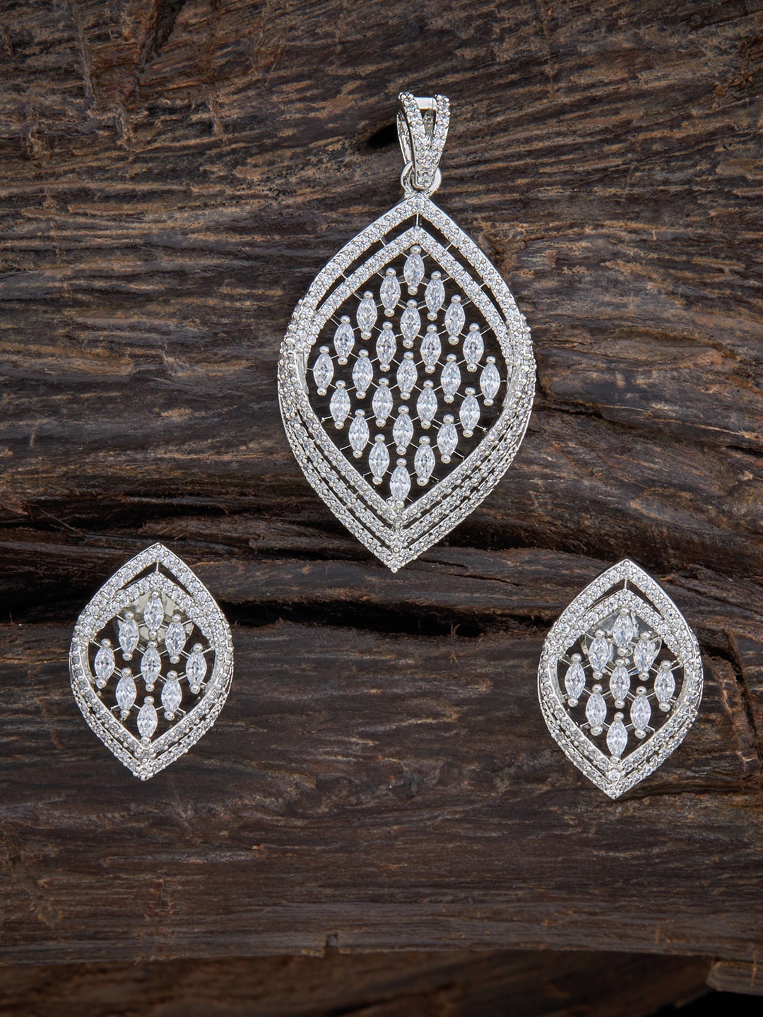 

Kushal's Fashion Jewellery Rhodium Plated White Pendent Earring Set