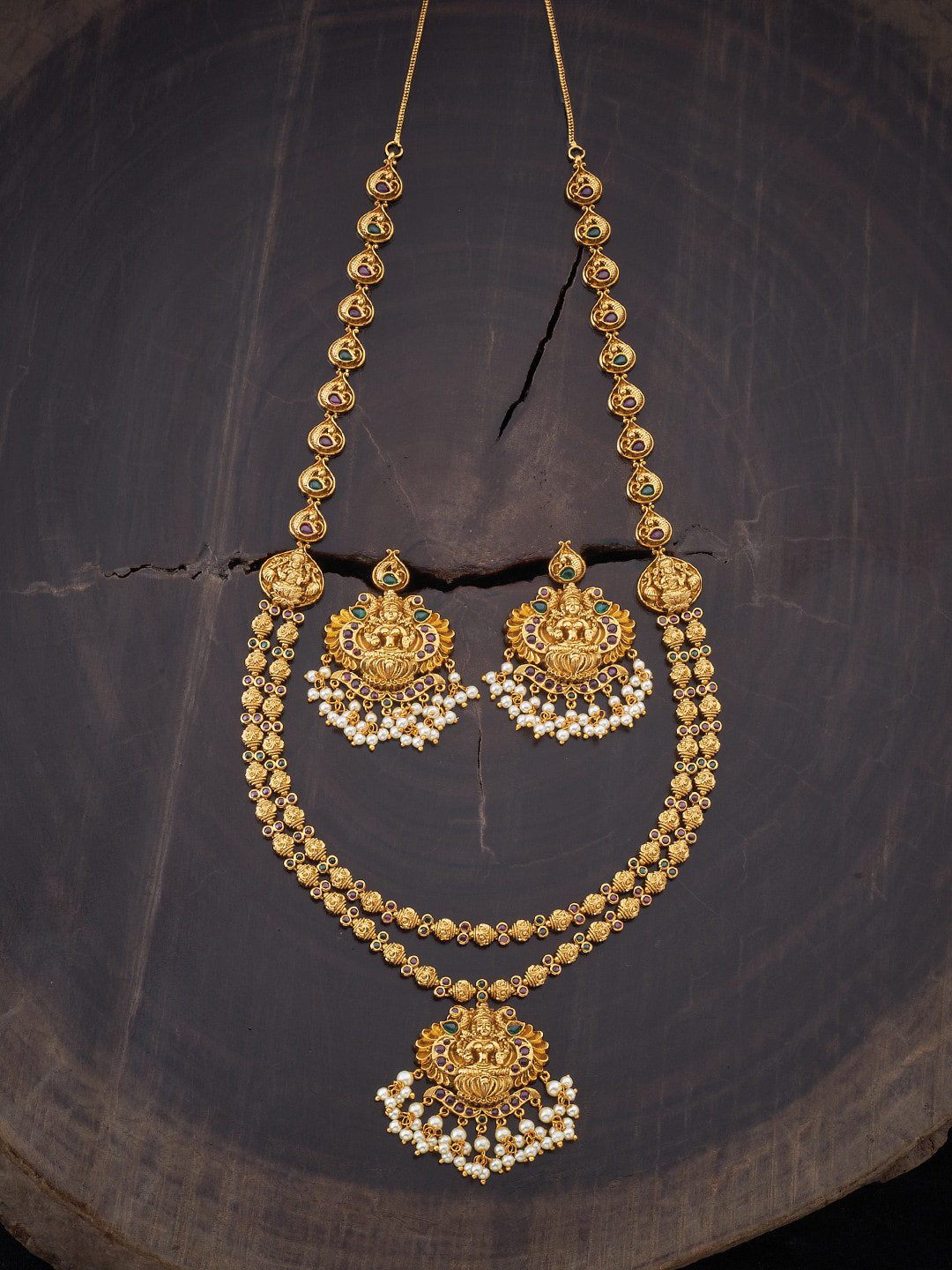 

Kushal's Fashion Jewellery Gold-Plated Ruby-Colored & Green Stone-Studded & Beaded Antique Jewellery Set