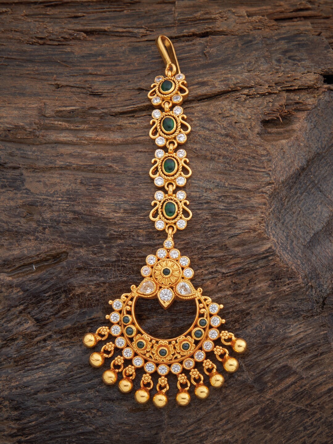 

Kushal's Fashion Jewellery Gold-Toned 92.5 Pure Silver Green & White Stones Studded MaangTika Head Jewellery