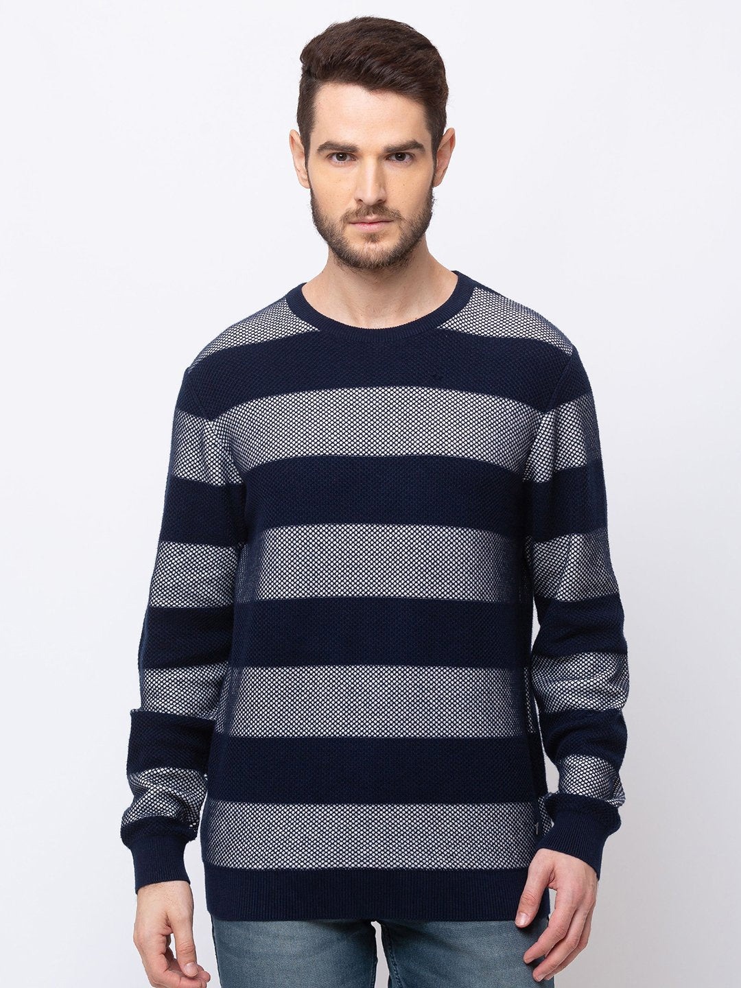 

Status Quo Men Navy Blue & White Cotton Striped Pullover