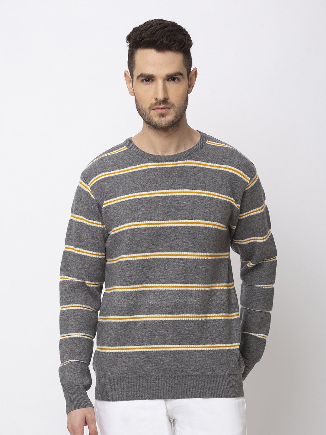 

Status Quo Men Grey & Yellow Acrylic Striped Pullover