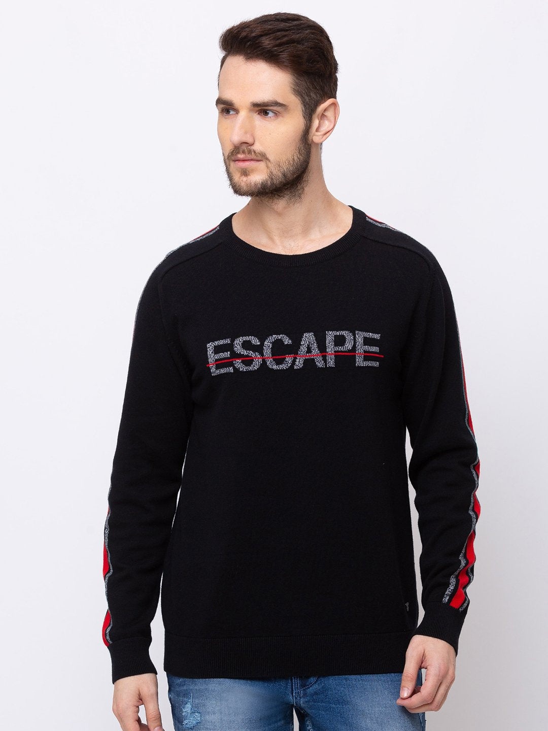

Status Quo Men Black & Red Typography Printed Cotton Pullover
