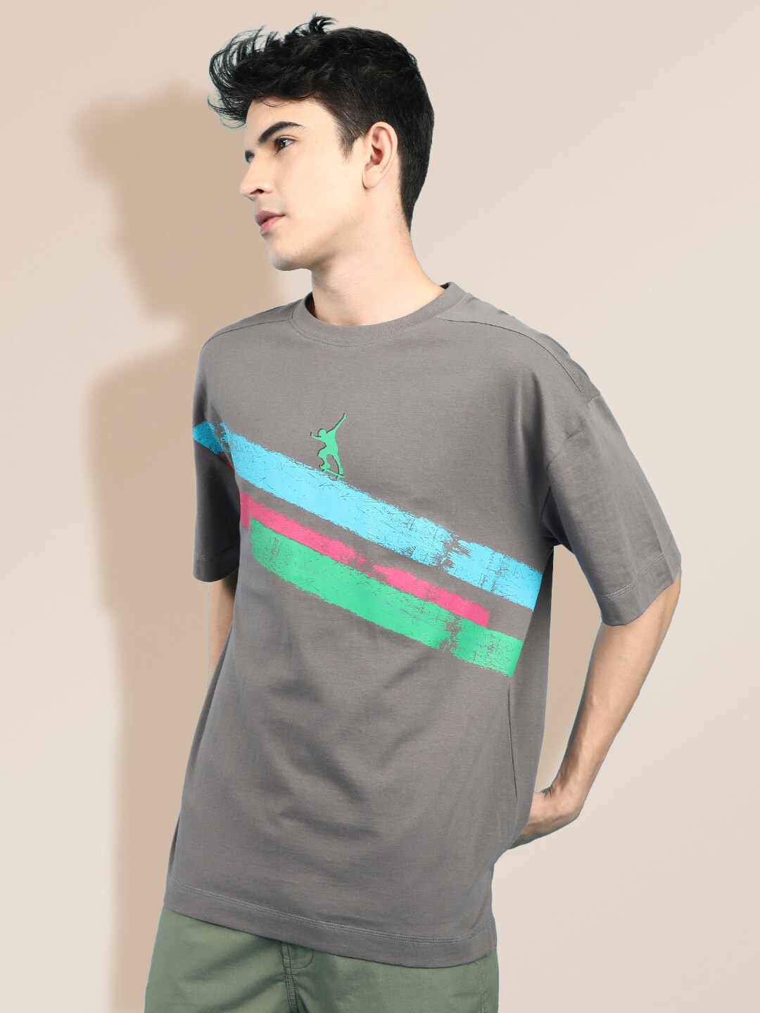 

KRA Men Charcoal & Blue Printed Pure Cotton Loose T-shirt
