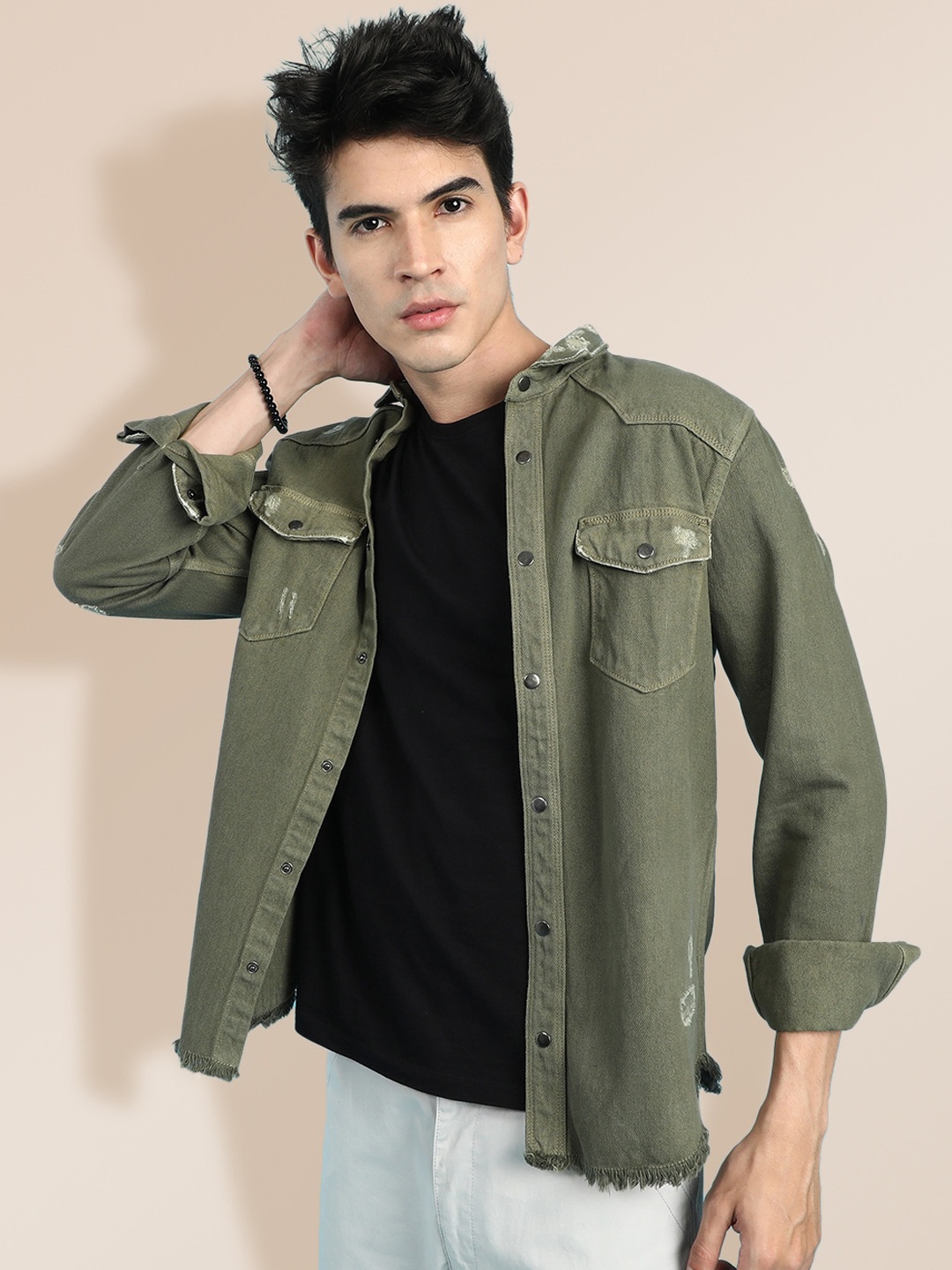 

KRA Men Olive Green Cotton Denim Jacket