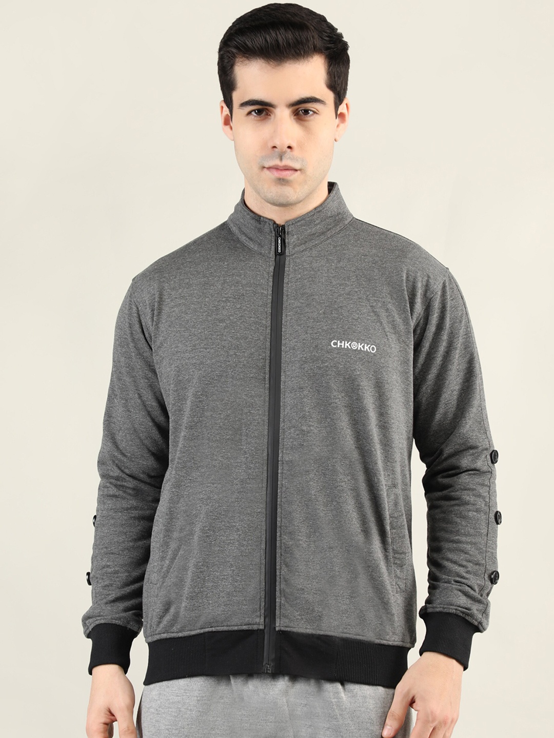 

CHKOKKO Men Grey Training or Gym Open Front Cotton Jacket