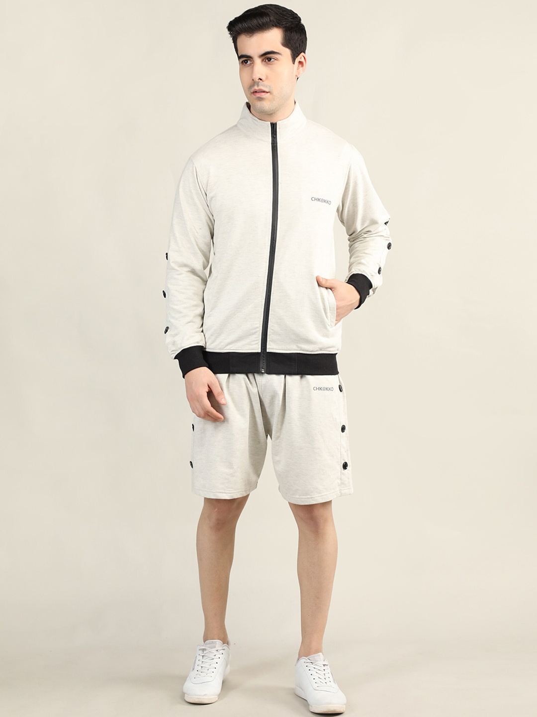 

CHKOKKO Men Cream Colored & Black Tracksuit Co-Ords Set