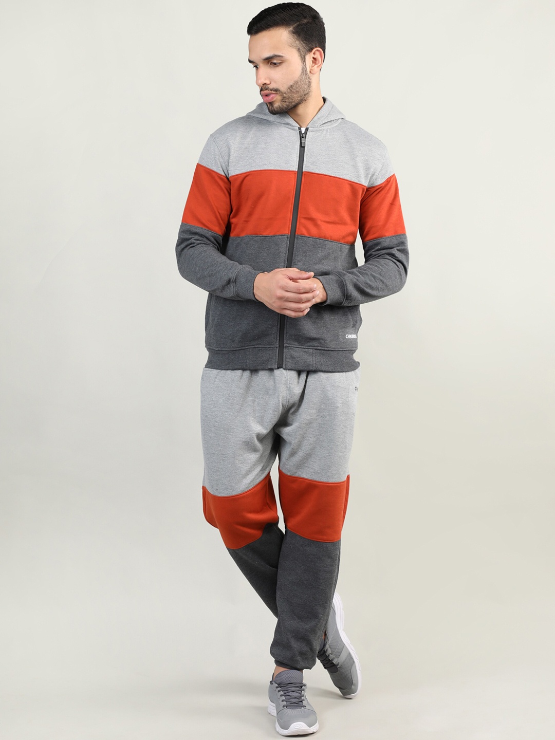 

CHKOKKO Men Grey & Orange Colorblocked Hooded Tracksuit