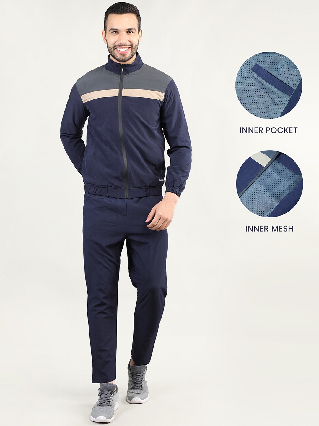 

CHKOKKO Men Navy Blue & Grey Colorblocked Tracksuit