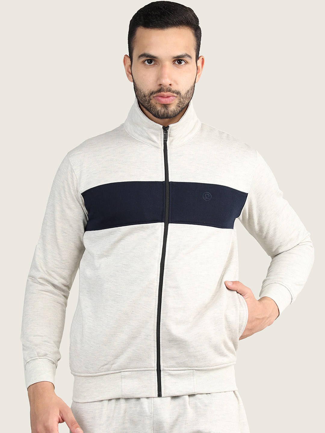 

CHKOKKO Men Cream & Navy Blue Colourblocked Sporty Jacket