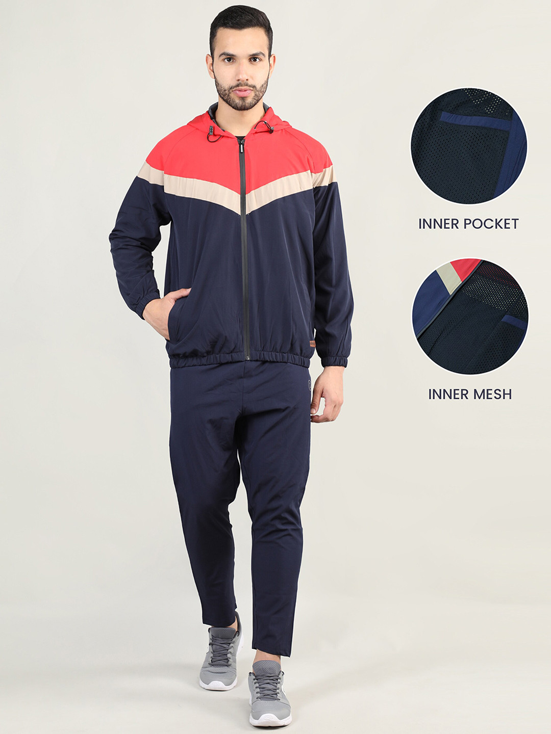 

CHKOKKO Men Red & Navy Blue Color Blocked Windcheater Tracksuit