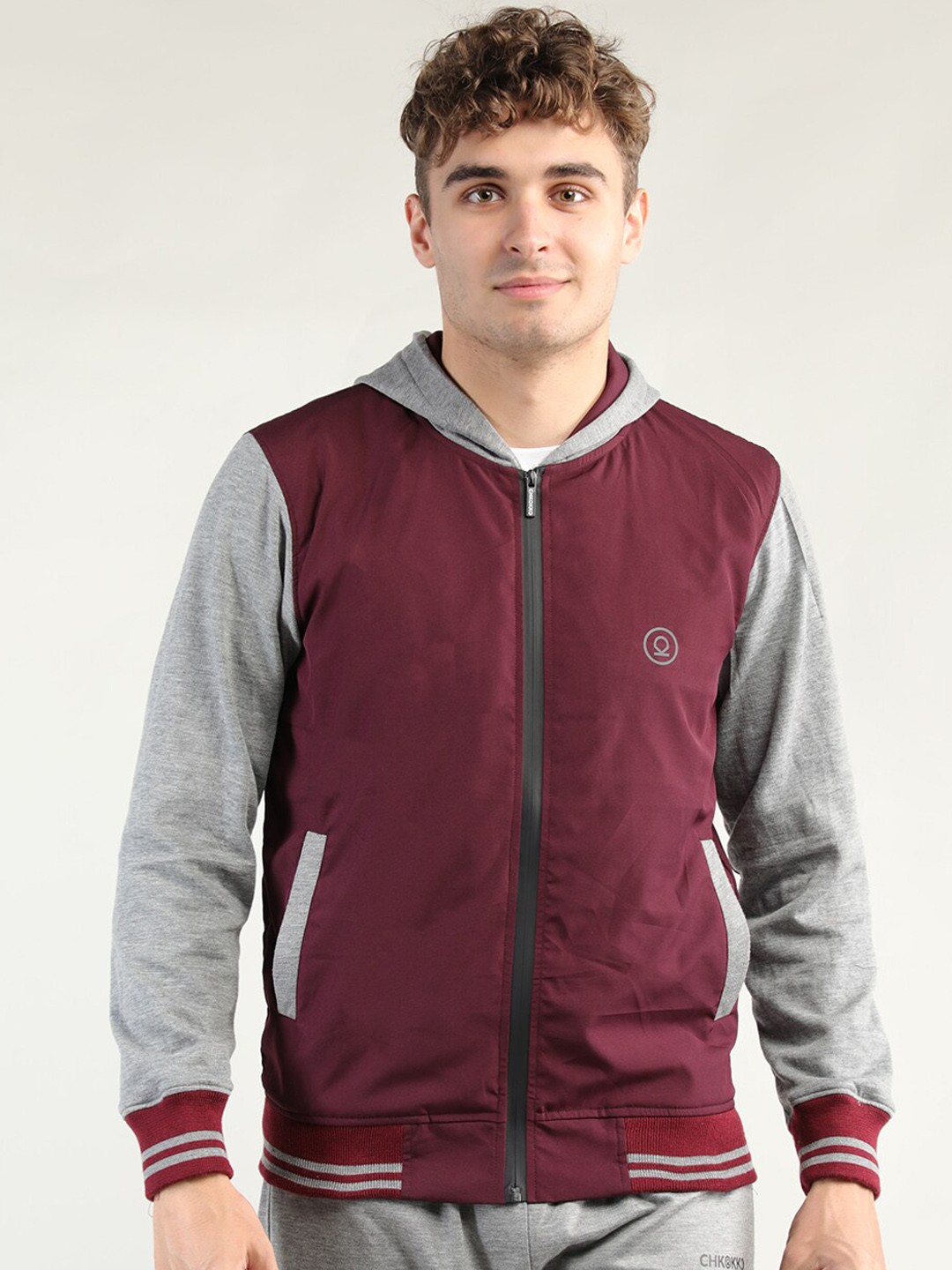 

CHKOKKO Men Maroon Grey Cotton Outdoor Bomber Jacket