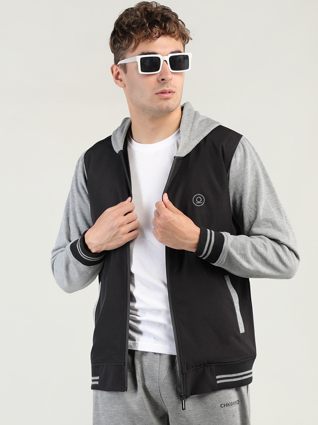 

CHKOKKO Men Black & Grey Colourblocked Cotton Outdoor Bomber Jacket