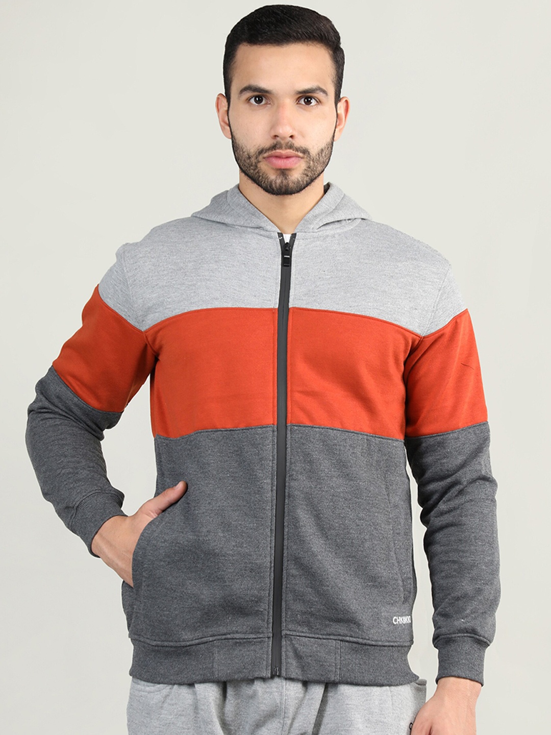 

CHKOKKO Men Grey & Red Colourblocked Cotton Sporty Jacket