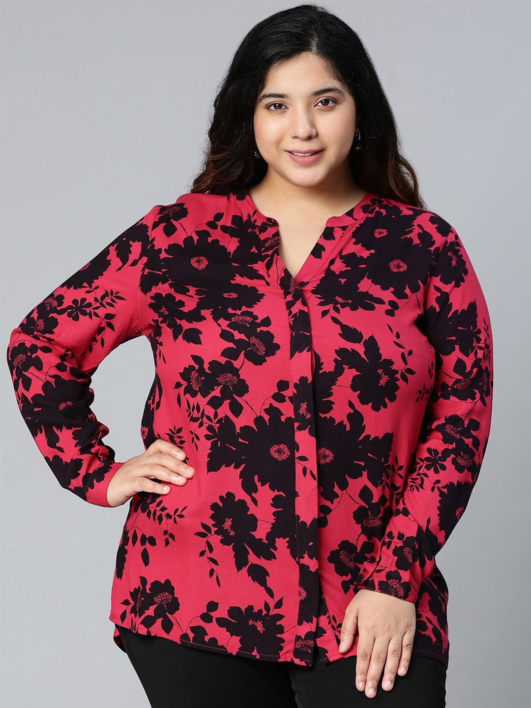 

Oxolloxo Plus Size Pink & Black Floral Printed Top