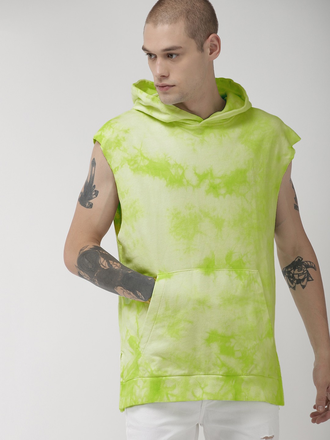 

FOREVER 21 Men Green & White Dyed Hooded Pullover Sweatshirt