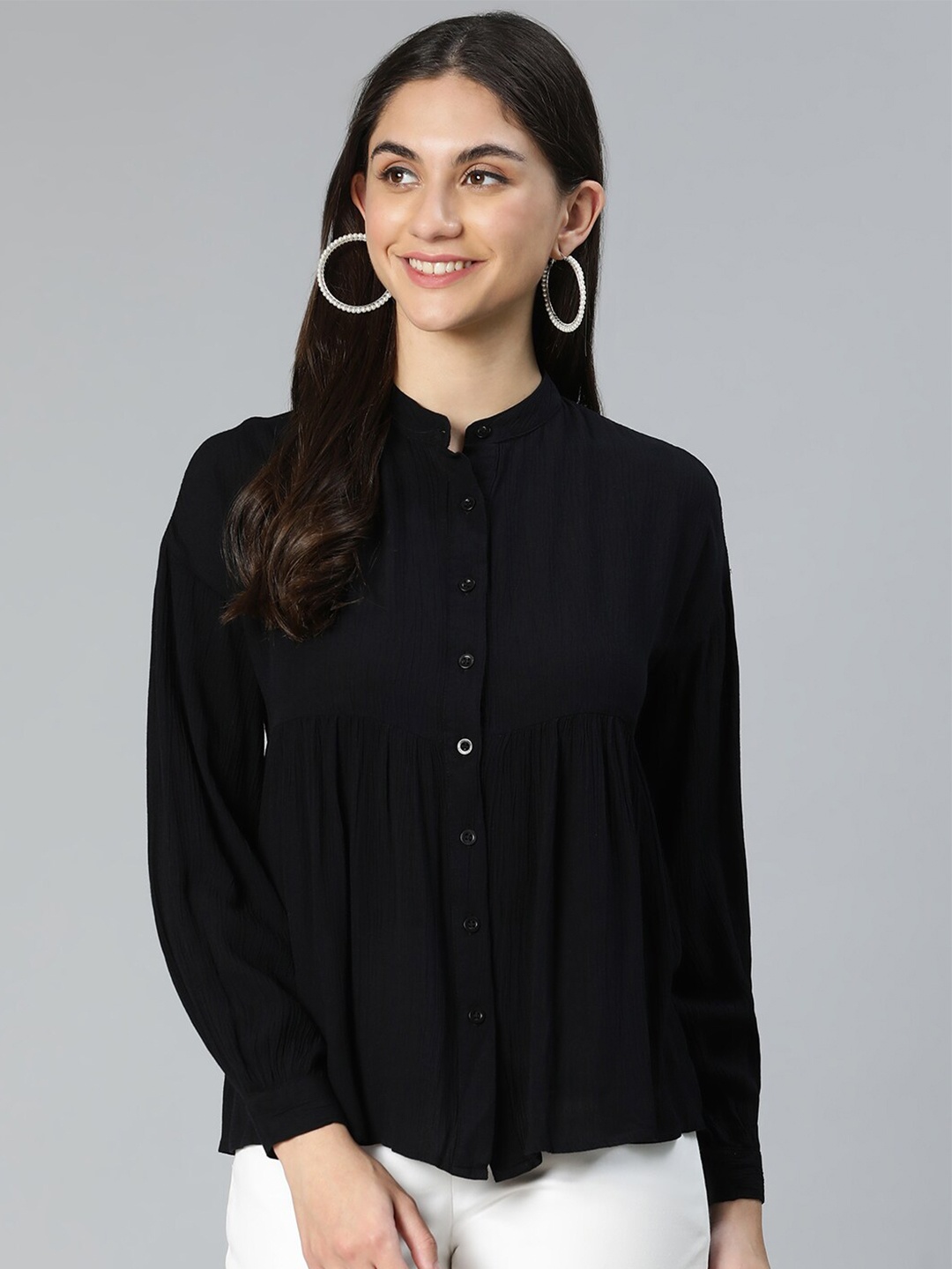 

Oxolloxo Black Mandarin Collar Shirt Style Top