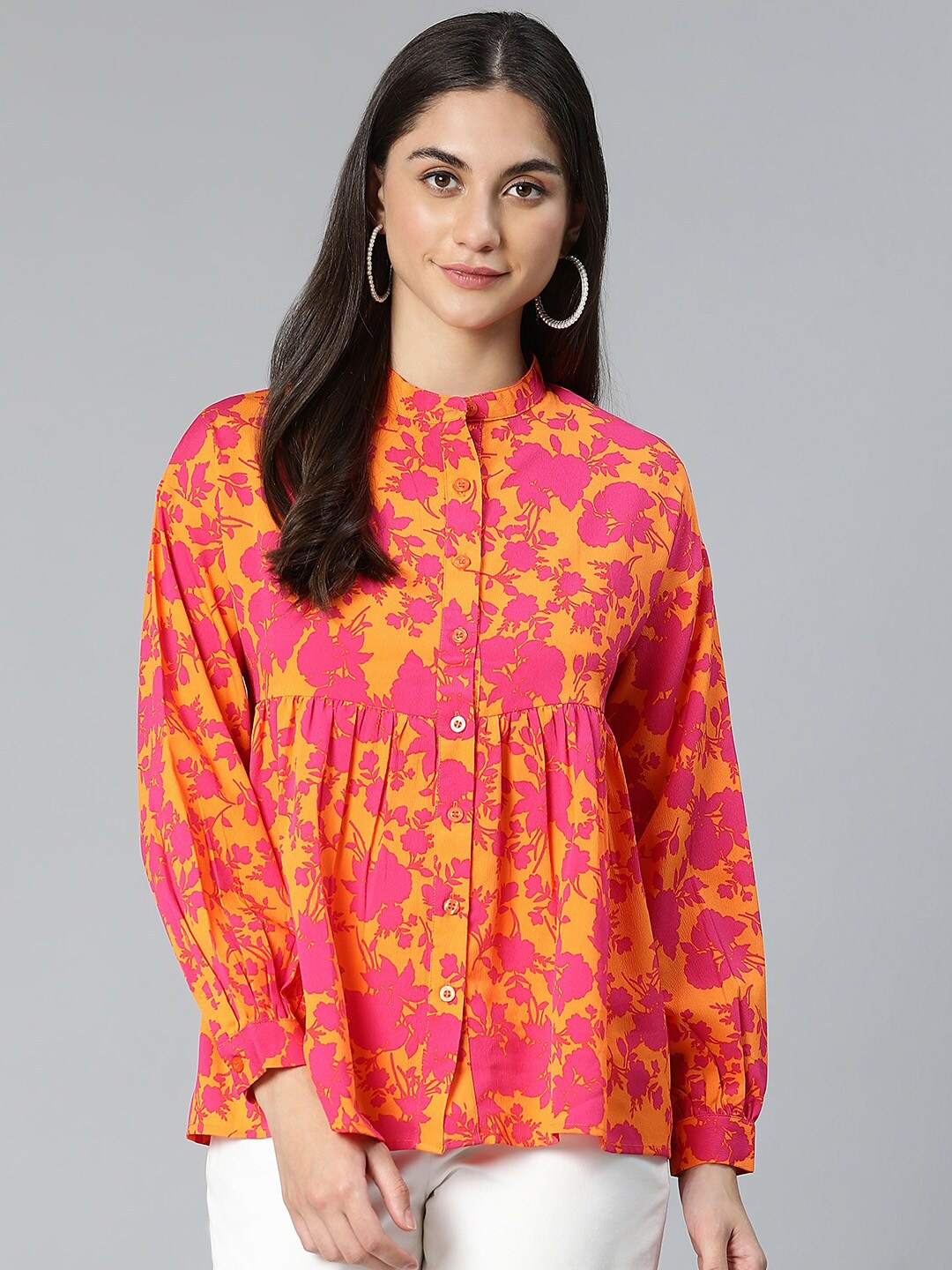 

Oxolloxo Orange Floral Print Mandarin Collar Top