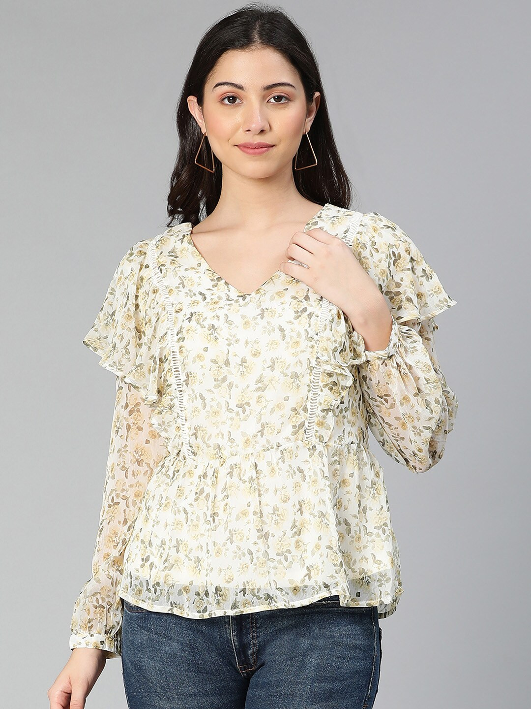 

Oxolloxo Yellow Floral Printed Ruffles Top