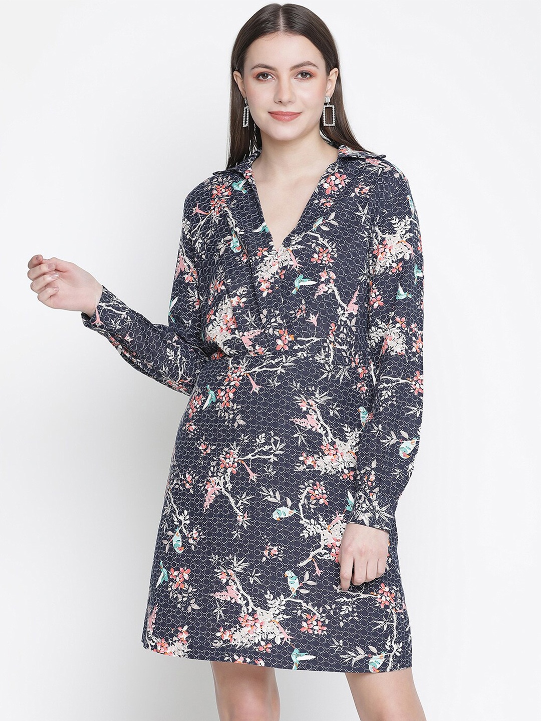 

Oxolloxo Green Floral Printed Wrap Dress, Navy blue
