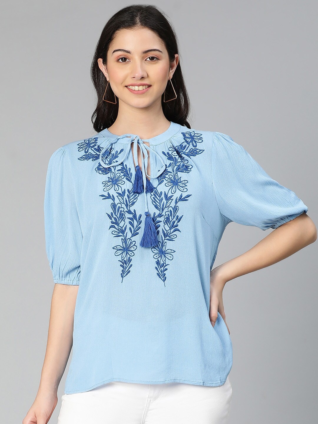 

Oxolloxo Blue Floral Embroidered Tie-Up Neck Top