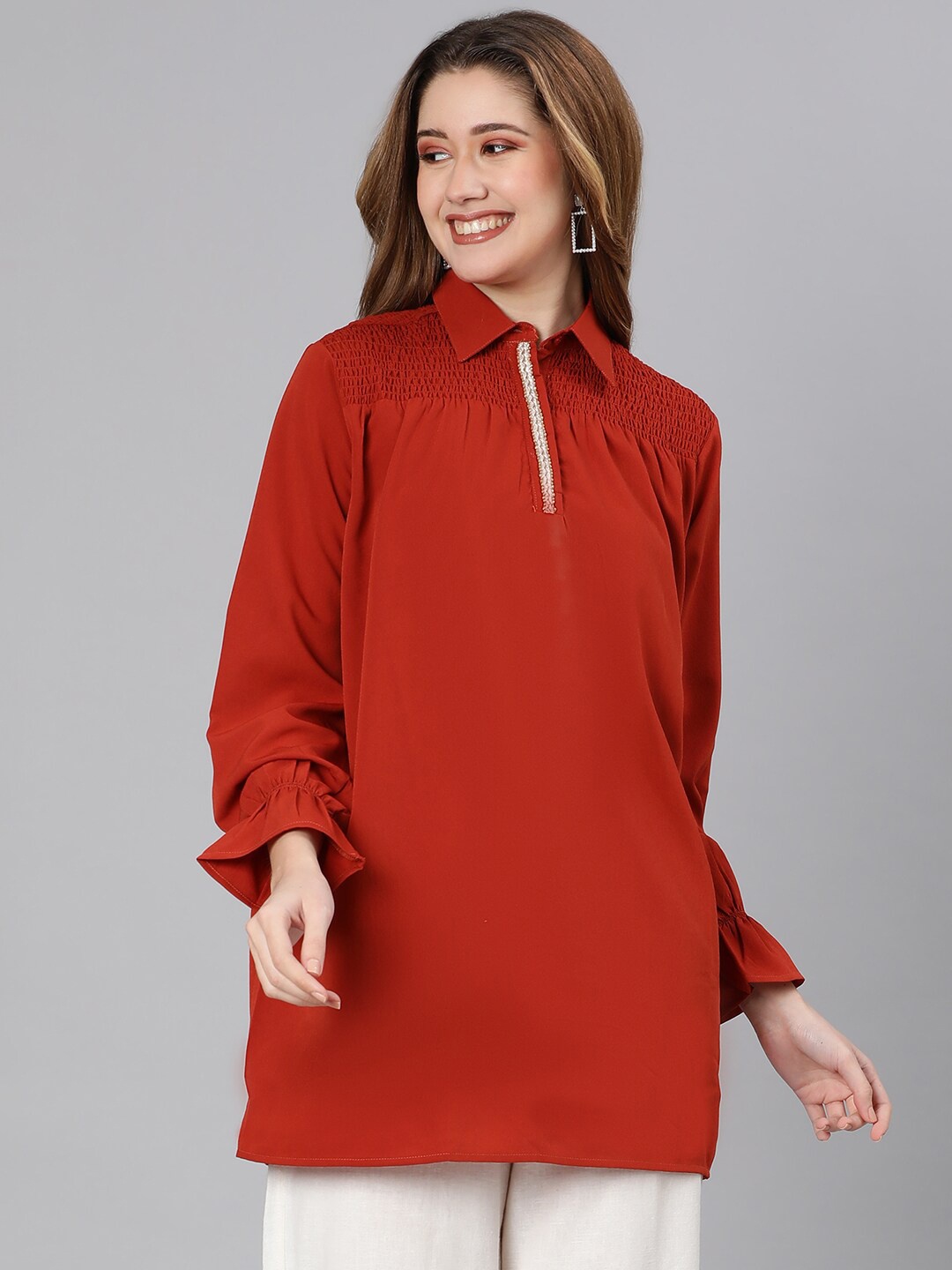 

Oxolloxo Rust Bell Sleeve Longline Shirt Style Top