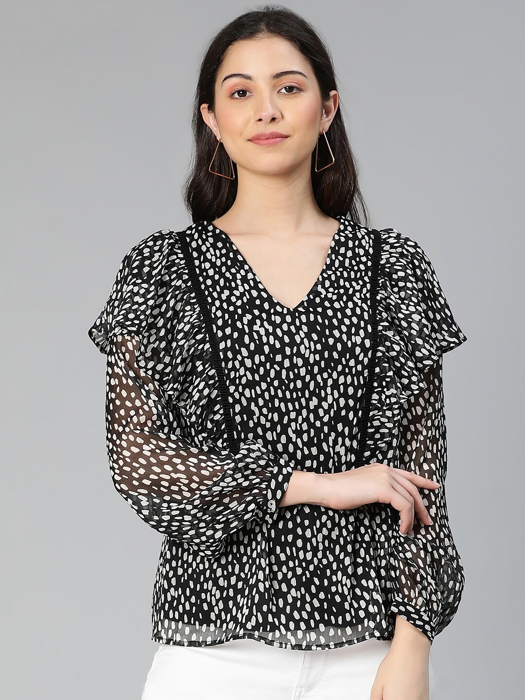 

Oxolloxo Black Polka Dot Printed Ruffles Top