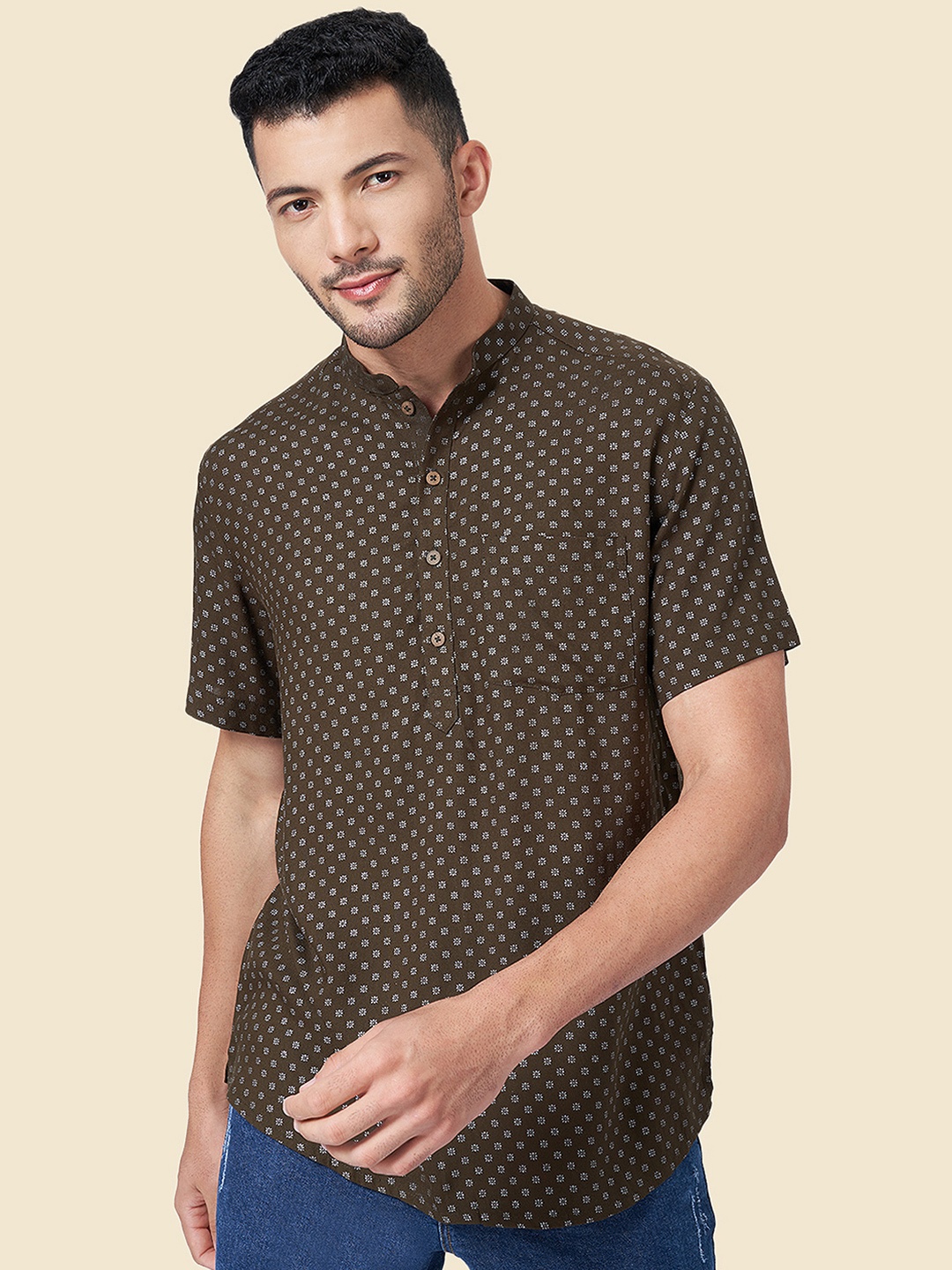 

YU by Pantaloons Mandarin Collar Floral Printed Pure Cotton Kurta, Charcoal