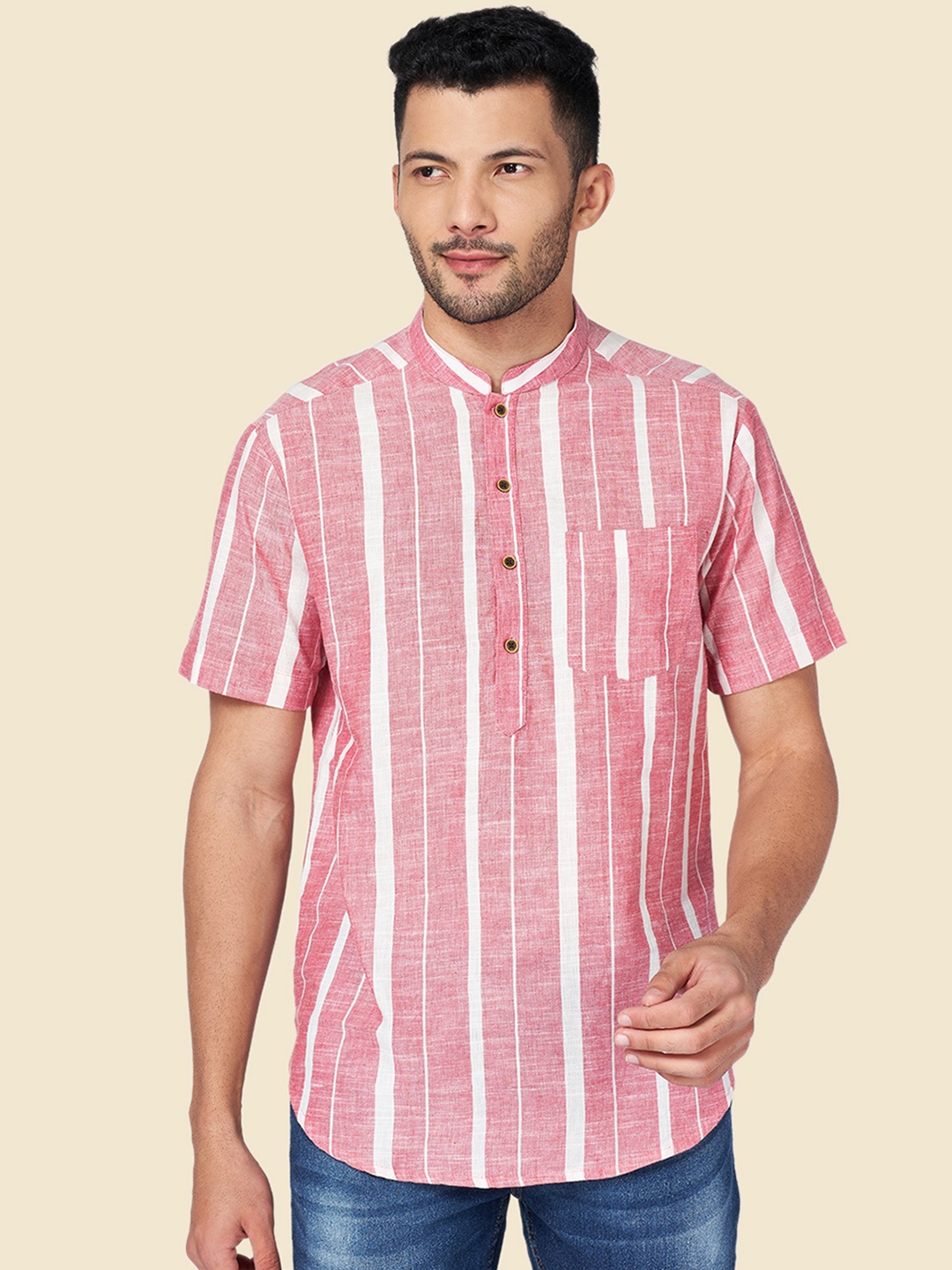

YU by Pantaloons Men Pink & White Striped Cotton Kurta