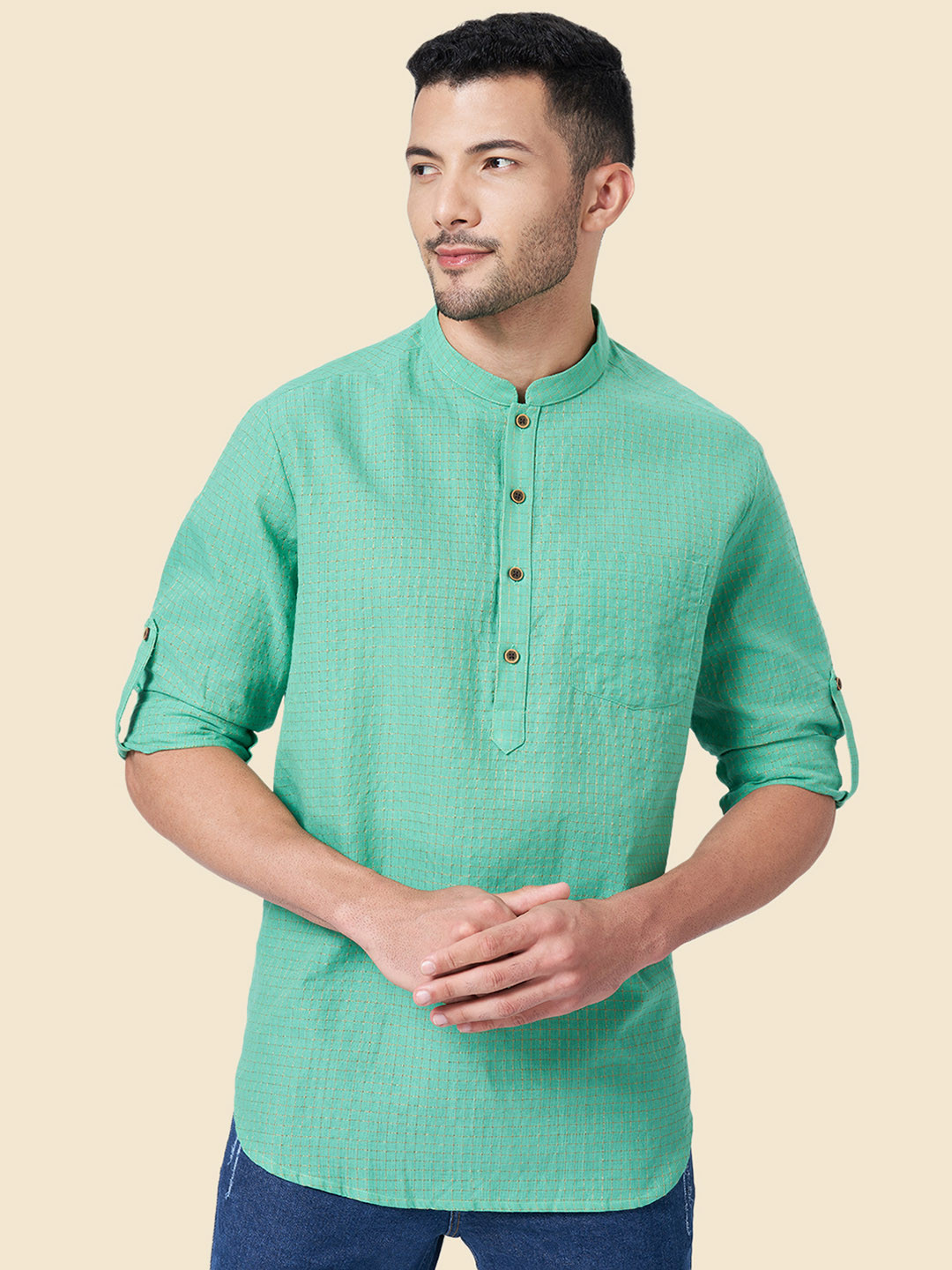 

YU by Pantaloons Mandarin Collar Roll Up Sleeves Straight Kurta, Turquoise blue