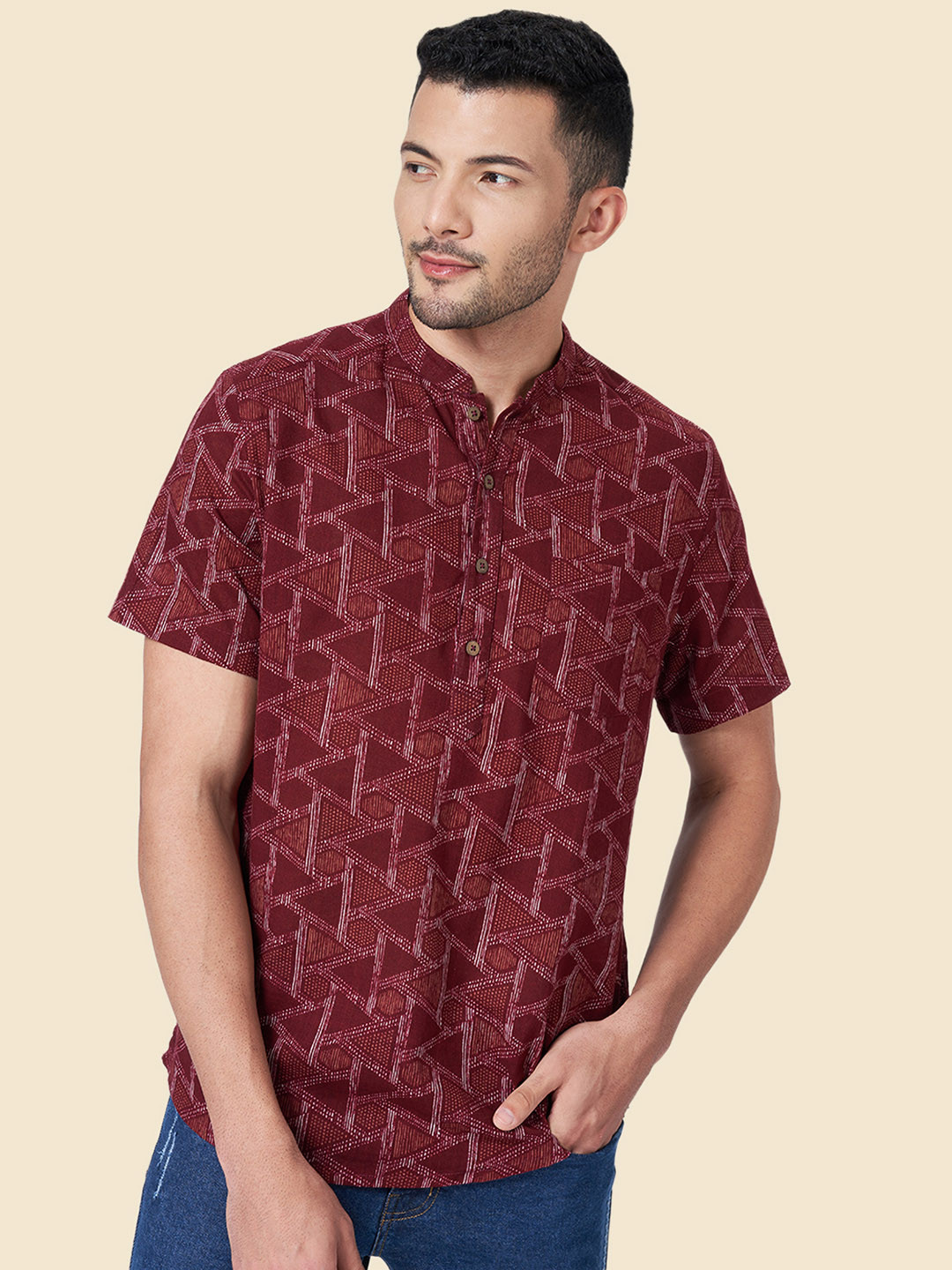 

YU by Pantaloons Men Maroon Geometric Printed Cotton Kurta